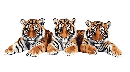 Three tiger cubs resting, white background, wildlife illustration, zoo poster