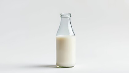 Clear Glass Bottle Filled with White Liquid Isolated on White Screen Background Simple Design Classic Purity Emphasizing in Bright Studio Shot Beverage Product Perfect for Decoration