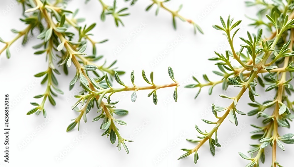 Poster close up aromatic green thyme branches isolated on white screen background in studio with clear deta