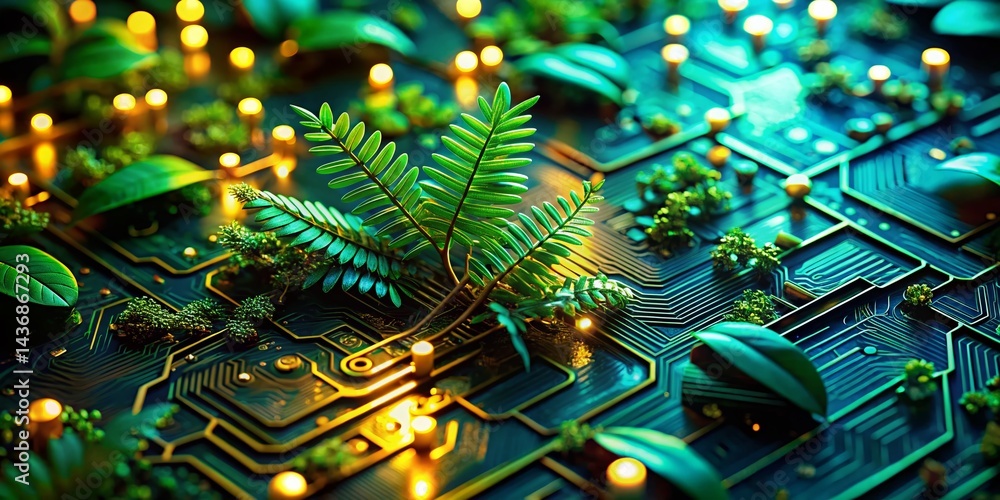 Poster close-up circuit board with lush greenery, bokeh background - high-resolution stock photo