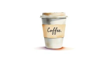 A disposable coffee cup, featuring a warm tone,  with a brown paper sleeve