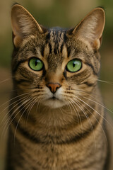 Close up portrait of a tabby cat with green eyes looking directly at the camera with a blurred background