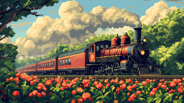 Nostalgic journey by steam train with flowers in pixelated retro style. Petal Engine. Illustration