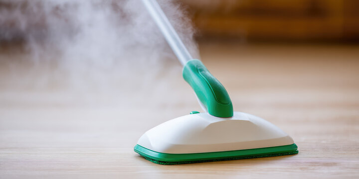 Steam emits from a green and white floor cleaning device on a wooden surface. The tool has a rectangular shape with a long handle  - Powered by Adobe