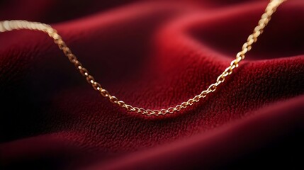 A gleaming gold necklace gracefully rests on a richly textured burgundy fabric background.