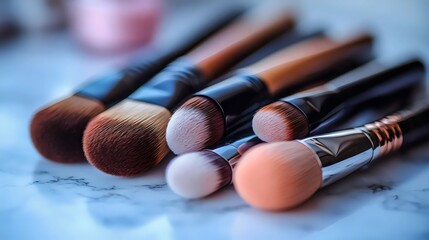 Beautifully arranged makeup brushes with soft bristles ready for flawless application on a marbled surface.