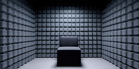 Chair centered in a room with walls covered in dark, soundproofing foam panels, creating a symmetrical, minimalistic, and isolated atmosphere. The flooring complements the acoustic design