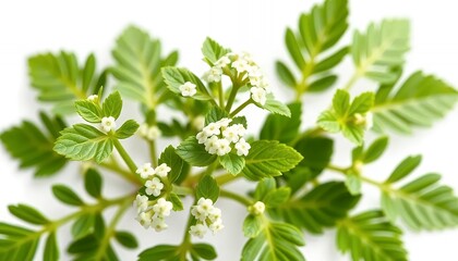 Floral Branch with Small White Flowers and Vibrant Green Leaves Isolated on White Screen Background Spring Summer Botanical Element Detailed Close Up Object