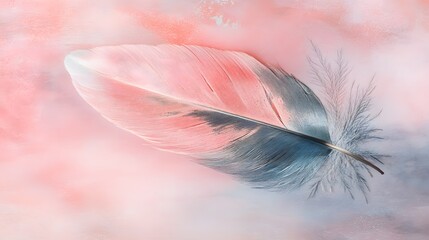 Naklejka premium Beautiful delicate pink and grey bird feather resting gently on a textured abstract pastel background closeup nature detail concept of lightness