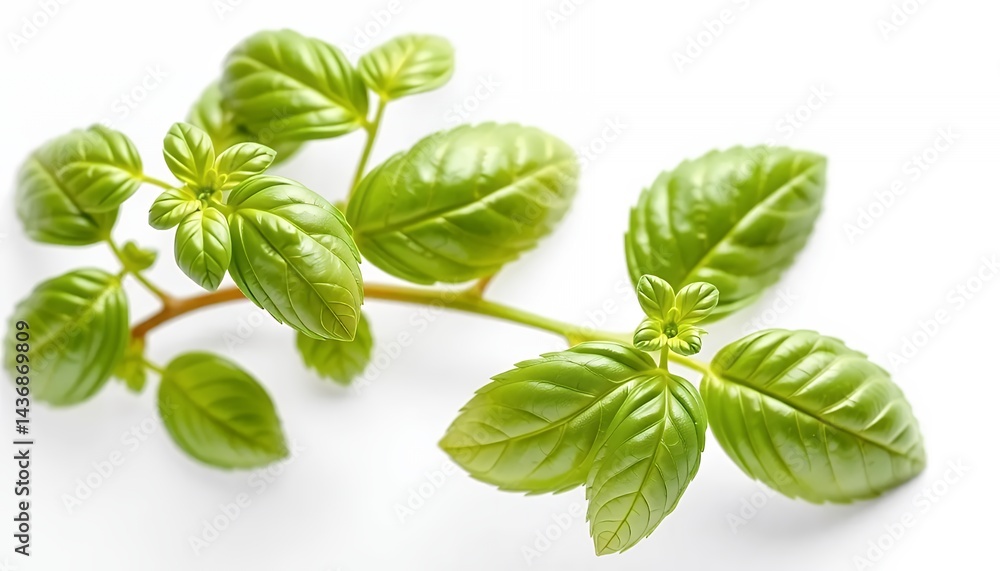 Poster fresh green basil sprig isolated on white screen background for culinary ads and promotions with cle