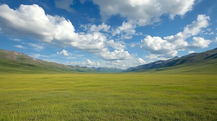 Obraz premium Vast Green Meadow Landscape with Mountain Range under Cloudy Sky