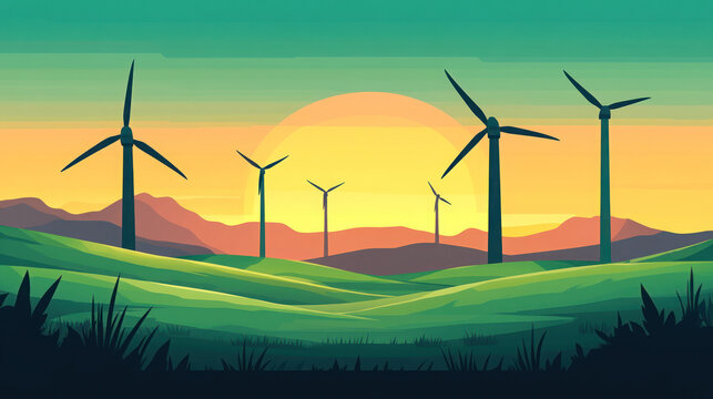 Wind Turbines: An illustration showcases a vibrant landscape of wind turbines, harnessing the power of renewable energy amidst a backdrop of rolling hills and a vivid sunset.