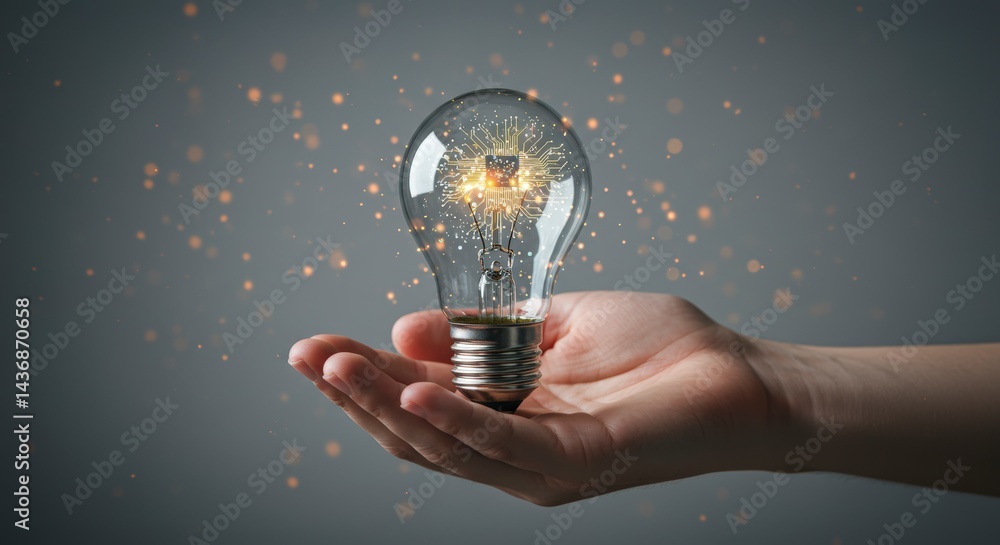 Aufkleber holding glowing lightbulb with microchip representing ai technology