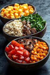 Healthy Bowls of Granola, Brown Rice, Grilled Chicken, and Fresh Vegetables
