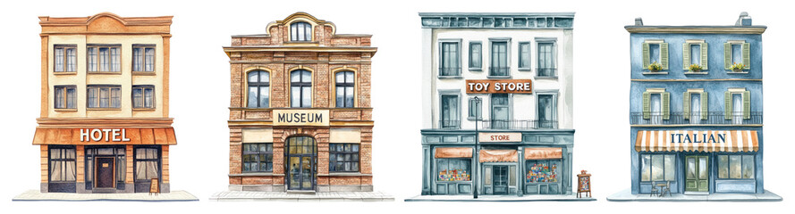 Obraz premium PNG Charming watercolor cityscape illustration, element set on transparent background