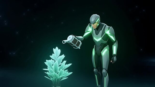 Futuristic figure tending a glowing plant