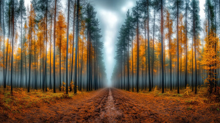 Fototapeta premium Forest Path Perspective: A long, winding path disappears into a misty, ethereal forest, framed by towering trees ablaze with autumnal hues, evoking a sense of mystery and adventure.