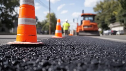 Fresh Asphalt Road Construction with Orange Cones