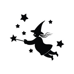 Witch Zooming Past Stars Silhouette on White Background