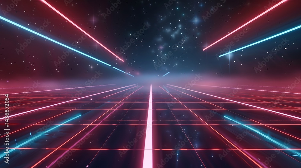 Poster futuristic digital landscape with a glowing neon grid perspective floor and laser lines receding int