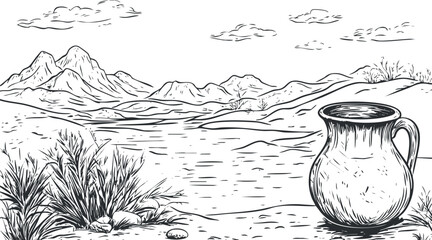 Black and white sketch of a tranquil mountain landscape with a lake and a water jug on the shore