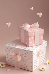 Stack of gift boxes, pale pink, hearts, ribbons, floating hearts, daisies
