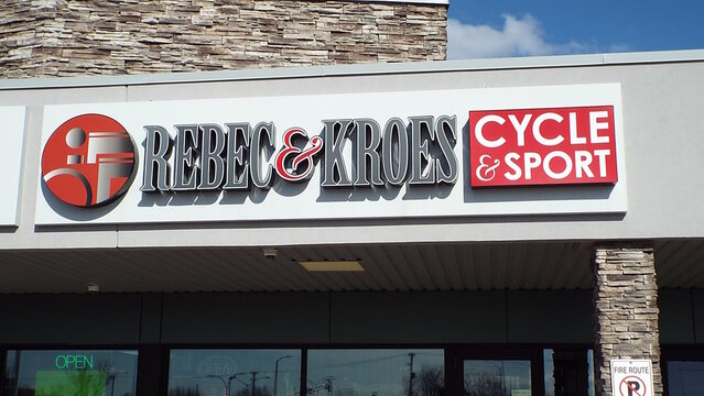 Ottawa, ON, Canada-April 23, 2025: The storefront sign for "Rebec and  Kroes Cycle and Sport" on Alta Vista Drive.
