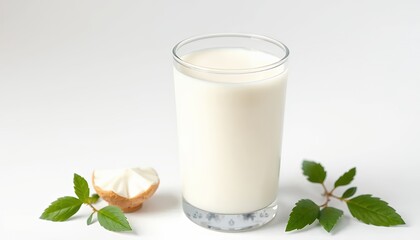 Glass of Milk with Coconut and Green Leaves Isolated on White Screen Background for Nutritional Health and Dairy Promotion
