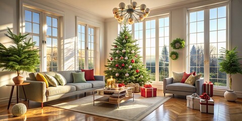Cozy Christmas Living Room: Presents Under Tree, Festive Decor