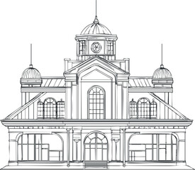 Black and white architectural line drawing of a historic building with domes and large windows.