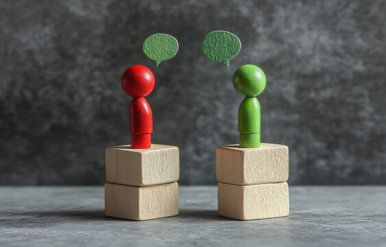 Two wooden figurines, red and green, standing on wooden blocks, engaging in a discussion, symbolized by speech bubbles