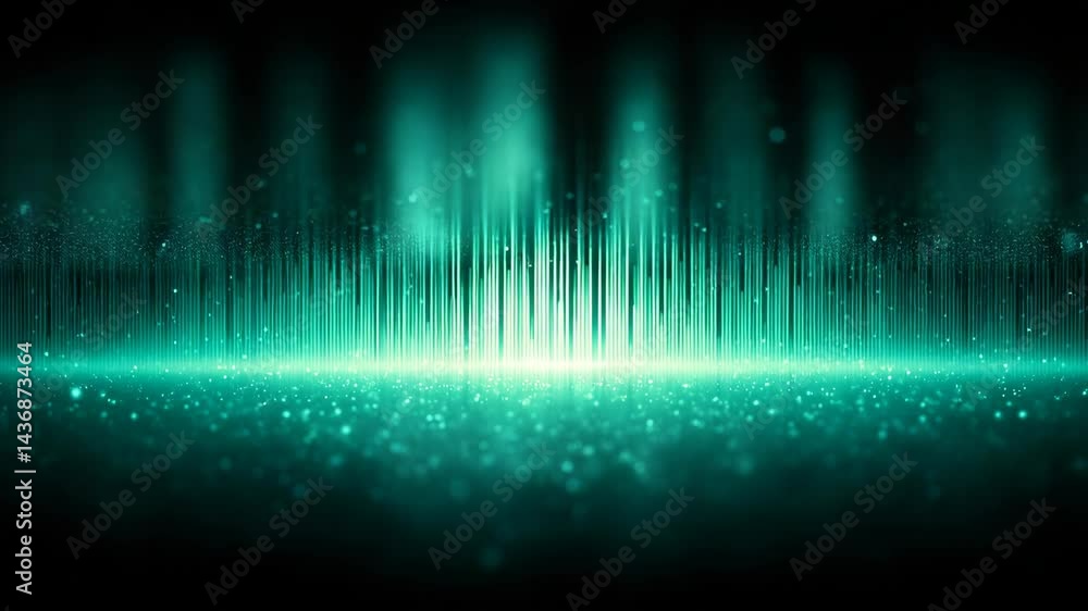 Poster luminous turquoise abstract background with glowing light rays and shimmering particles, creating a 