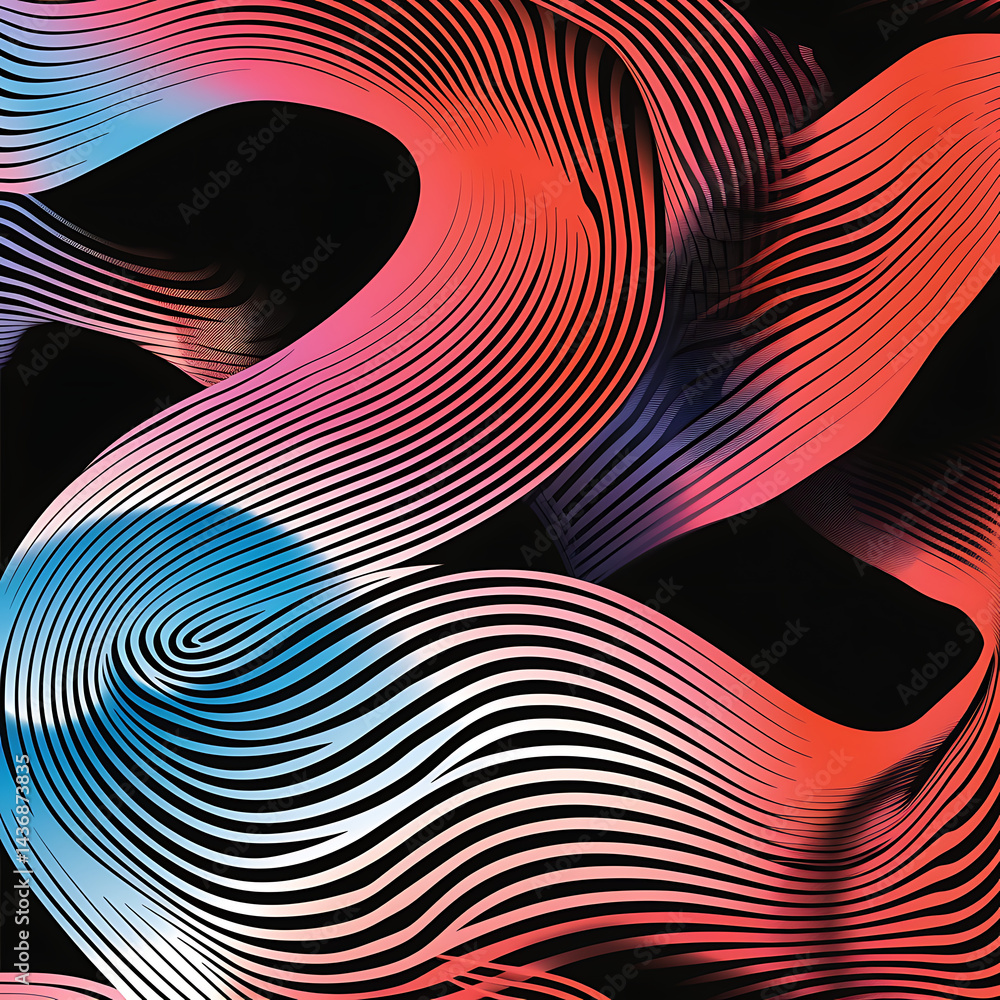 Poster abstract background with intricate, overlapping wavy lines in red, blue, and black. optical moire pa