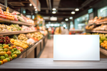 Empty wooden table top with a blurred background of a fruit and vegetable store in a supermarket, for product display montage