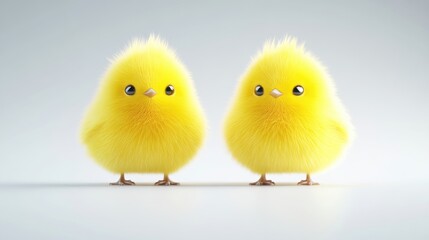 Naklejka premium Two Fluffy Chicks Soft Style High-Resolution Front View Adorable Baby Birds Facing Forward Neutral Background Sunny Yellow Tones Ideal for Spring Cards