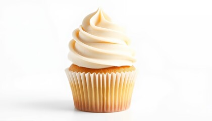 Isolated Single Cupcake Golden Yellow Cake with Creamy Beige Frosting Isolated On White Screen Background Studio Shot Perfect For Ads Promotion
