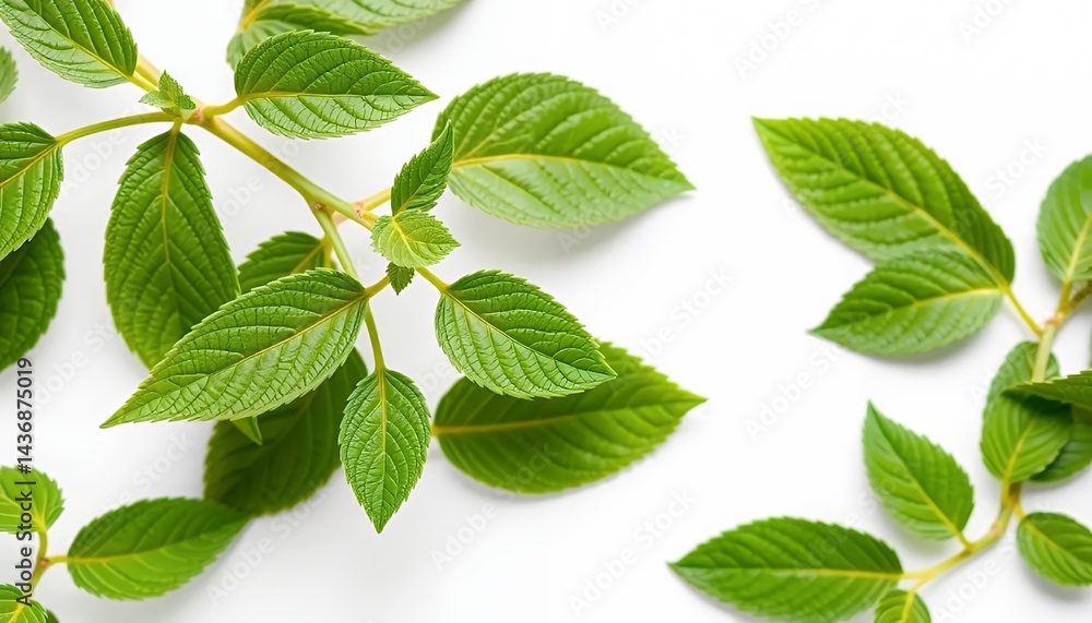 Poster lush green leaves of botanical plant isolated on white screen background displaying textured leaf su