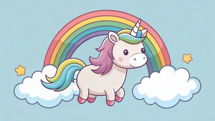 Cute Minimalist Cartoon Unicorn Rainbow Cloud Illustration