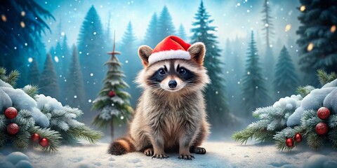 Cute Raccoon in Santa Hat, Christmas Landscape Banner