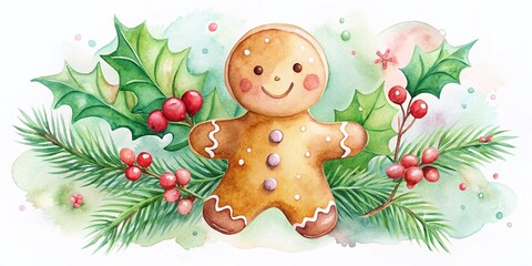 Fototapeta premium Cute Watercolor Gingerbread Man Christmas Illustration with Holly & Spruce