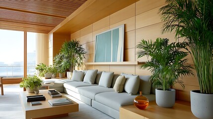 Fototapeta premium Modern Living Room Interior Design Light Sofa Wood Walls Large Plants and City View