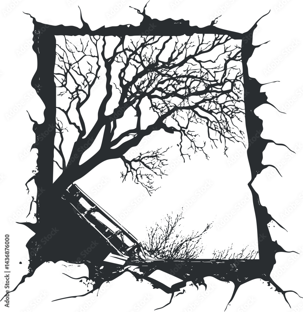 Poster black and white silhouette of leafless tree branches forming an abstract frame with natural shapes