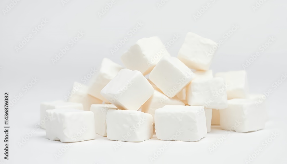 Poster pile of white square marshmallows isolated on white screen background for ads promotion and studio p