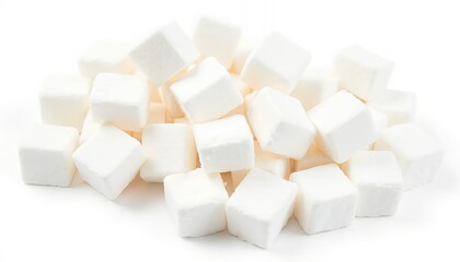 Pile of White Sugar Cubes Isolated on White Screen Background Perfect For Illustrating Sweetness or Symbolizing Baking in Studio Lighting With Clean Minimalist Composition