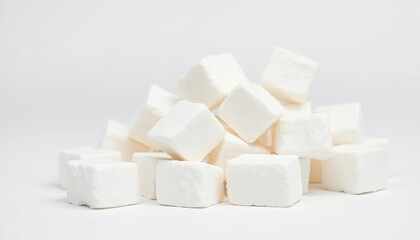 Pile of White Square Marshmallows Isolated on White Screen Background for Ads Promotion and Studio Photography Featuring Clean Backdrop in Realistic Style and Studio Lighting