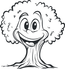 Black and white cartoon illustration of a happy smiling tree with a friendly face and expressive eyes