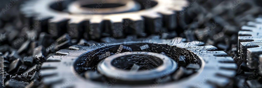 Poster macro close-up of interlocking metal gears or cogs. industrial concept representing mechanics, engin