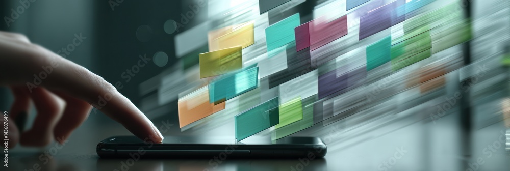 Poster Floating User Interface Cards Transition Rapidly Over a Smartphone as a Hand Interacts, Creating a Sense of Dynamic Movement and Technology