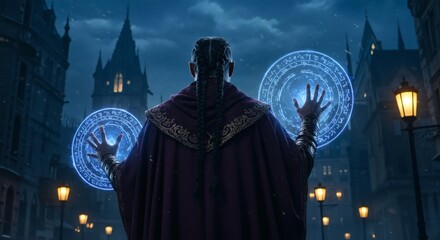 back view of a Powerful sorcerer in Dark Cityscape at Night