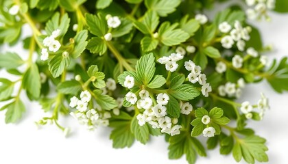 Sibbaldia Procumbens with White Flowers and Green Leaves Isolated on White Screen Background For Botanical Studies Advertising and Decoration